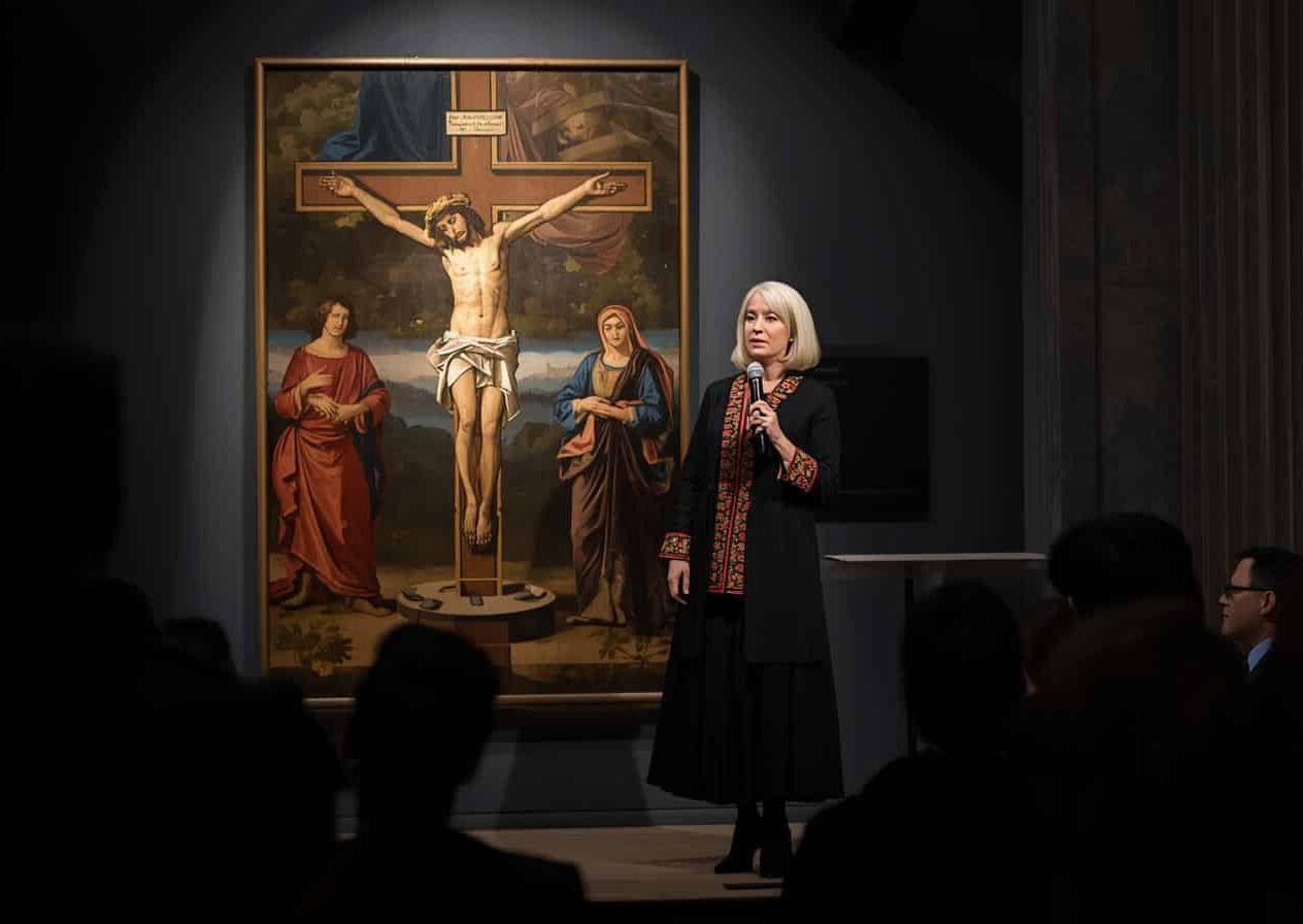 Sala de subasta en la que la encargada está subastando un cuadro. Subastando un cuadro.